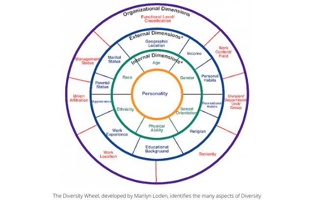 The Diversity wheel, developed by Marilyn Loden, identifies the many aspects of diversity